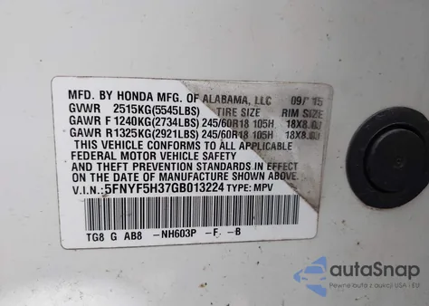 2016 Honda Pilot Ex from USA, damaged, VIN 5FNYF5H37GB013224